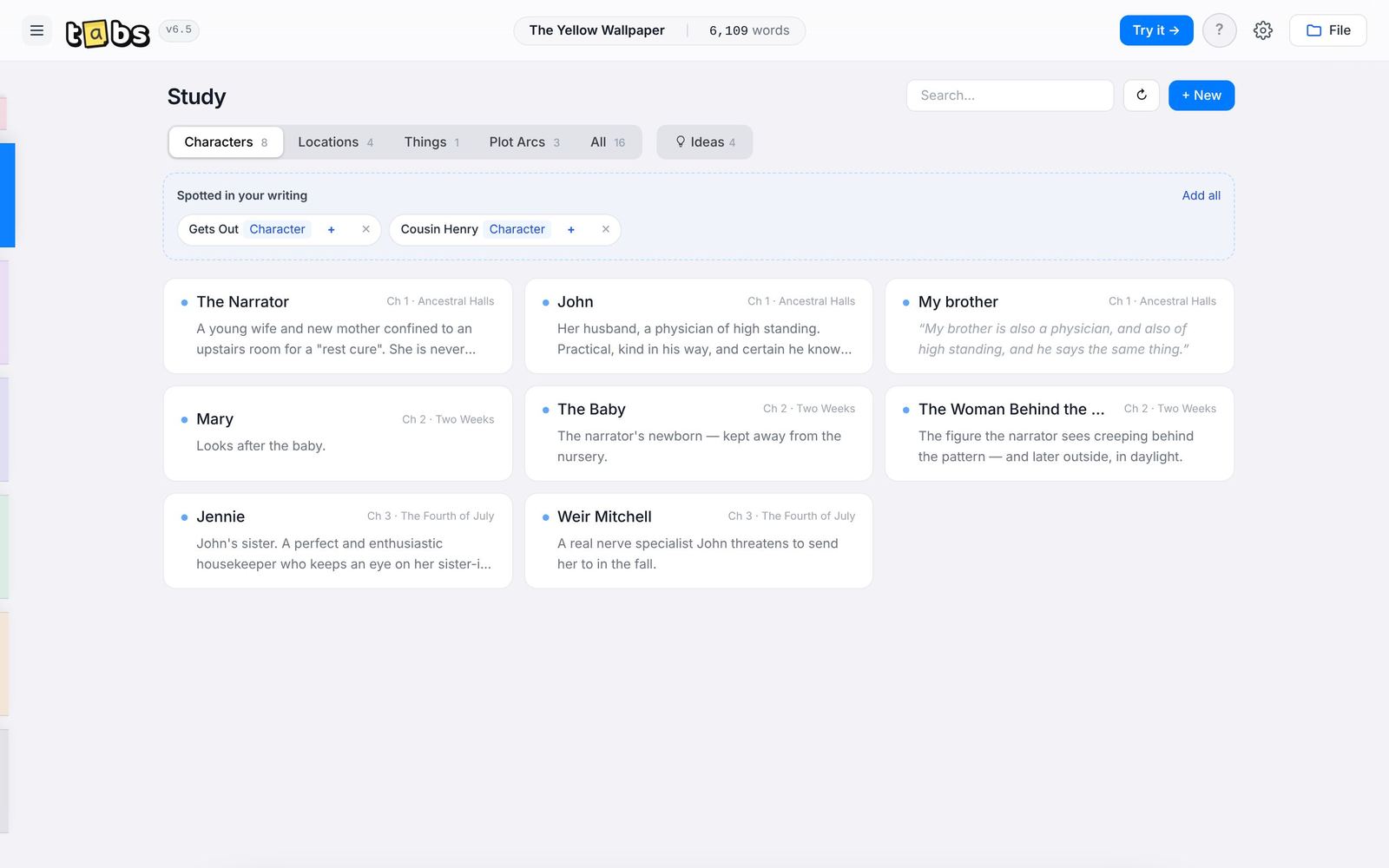 The Study tab with character cards